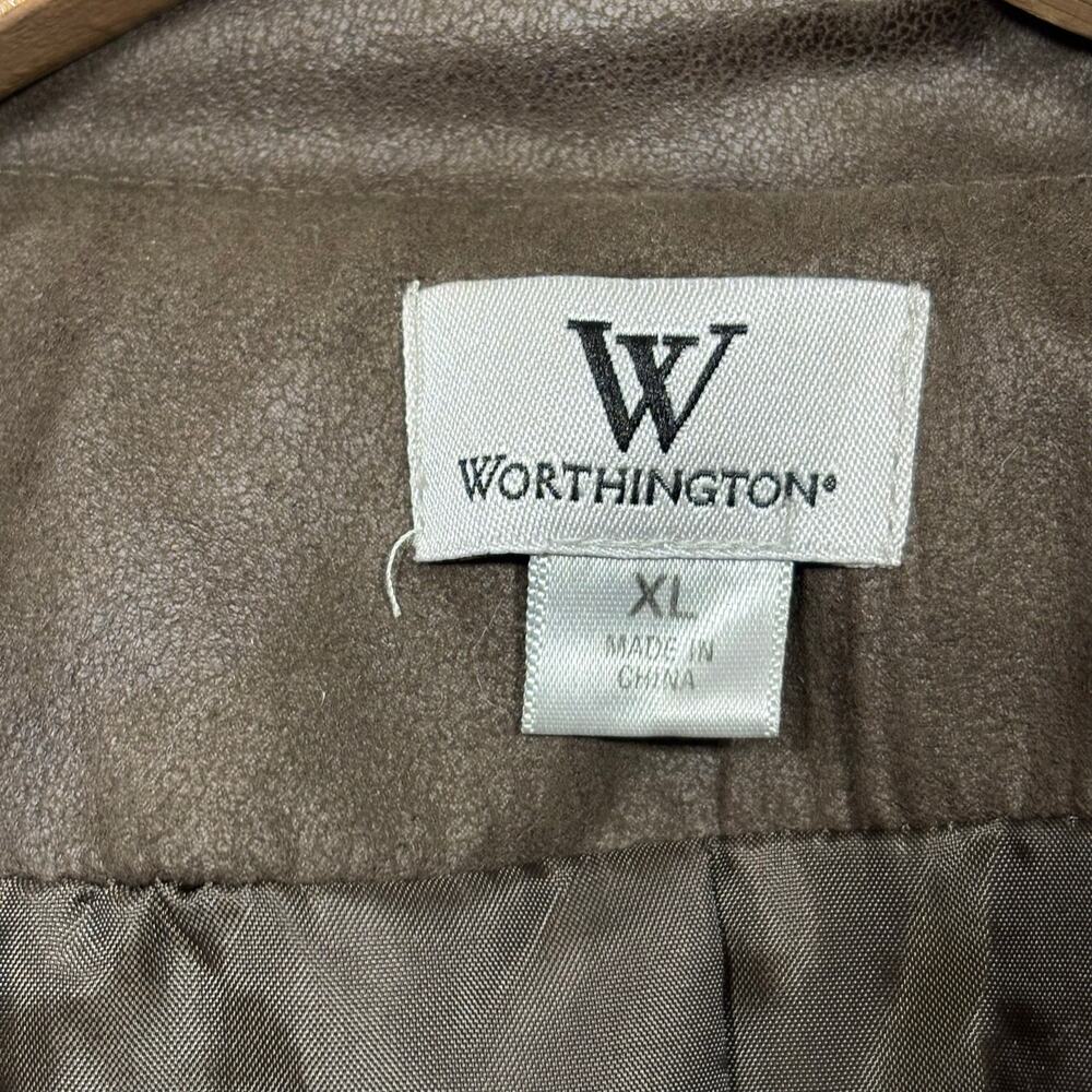Worthington Women's Faux Leather Ruffle Jacket XL Brown Belted Cropped Chic Edgy - Picture 3 of 6